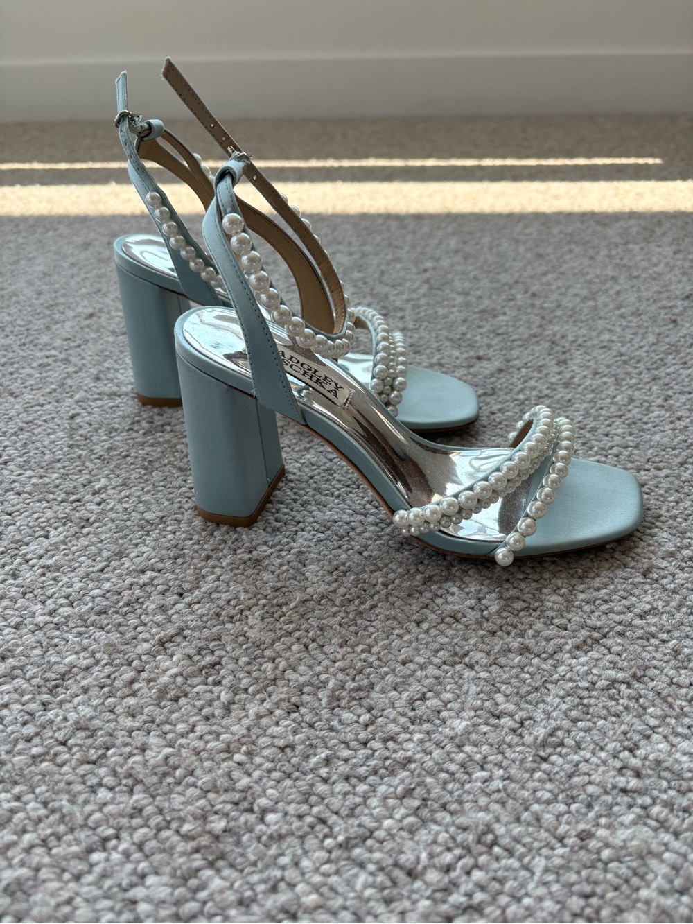 Badgley Mischka Light Blue Pearl-Strap Block Heel Sandals